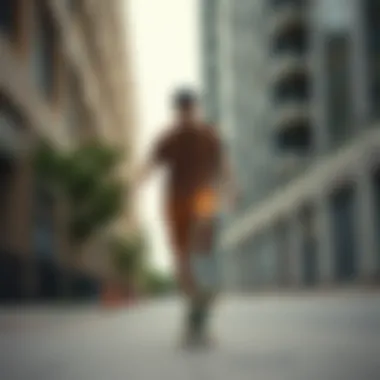 Skateboarder wearing brown sweat shorts in an urban setting
