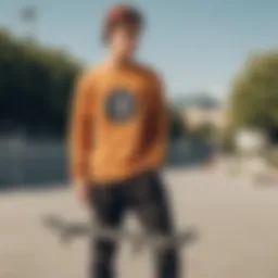 Stylish long sleeve waffle t-shirt paired with skateboarding gear