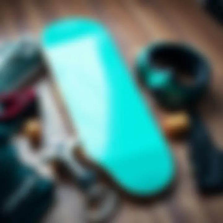 Flat lay of skateboarding gear and a teal green top