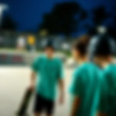 A group of skaters wearing teal green tops at a skate park