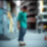 A skater showcasing a teal green top in an urban setting