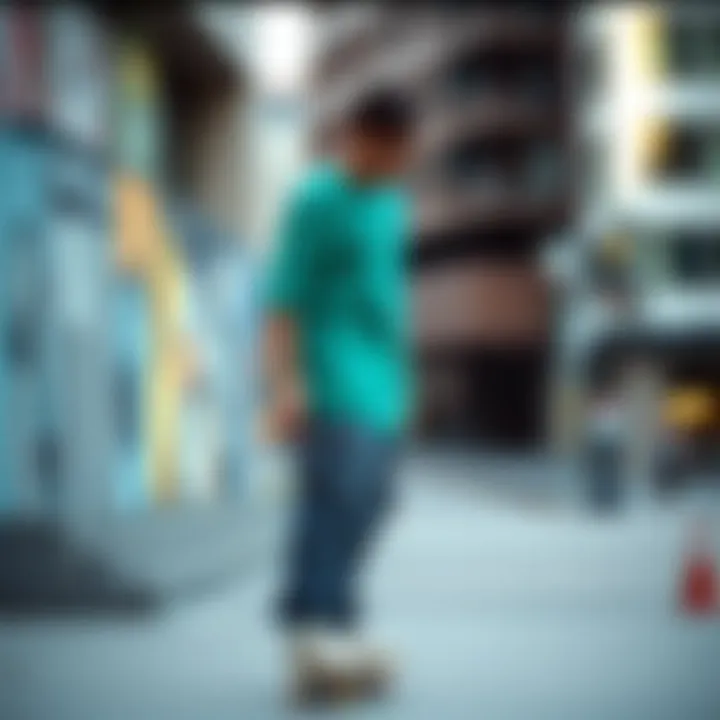 A skater showcasing a teal green top in an urban setting