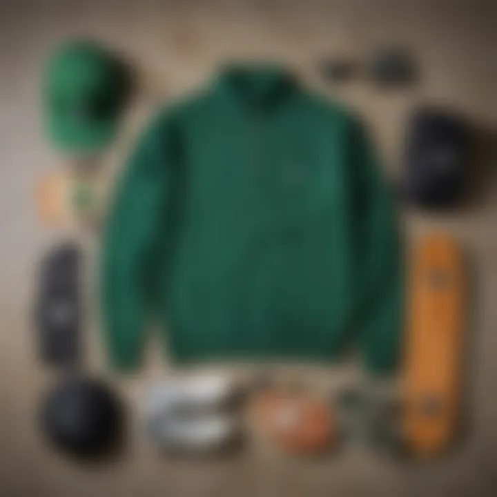 A fashionable flat lay of the green quarter zip pullover with complementary skate accessories