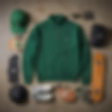 Fashion Fusion: Flat Lay of the Pullover and Skate Accessories A fashionable flat lay of the green quarter zip pullover with complementary skate accessories