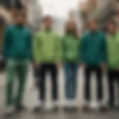 Style Spectrum: A Collective of Skateboarders in Pullovers A group of skateboarders wearing various styles of green quarter zip pullovers