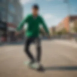 A skater showcasing the green quarter zip pullover in an urban setting