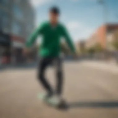 Urban Expression: The Green Quarter Zip Pullover in Action A skater showcasing the green quarter zip pullover in an urban setting