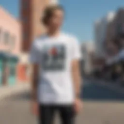 A vibrant unisex graphic t-shirt displayed against an urban backdrop