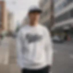 A stylish white graphic crewneck showcased against an urban backdrop.