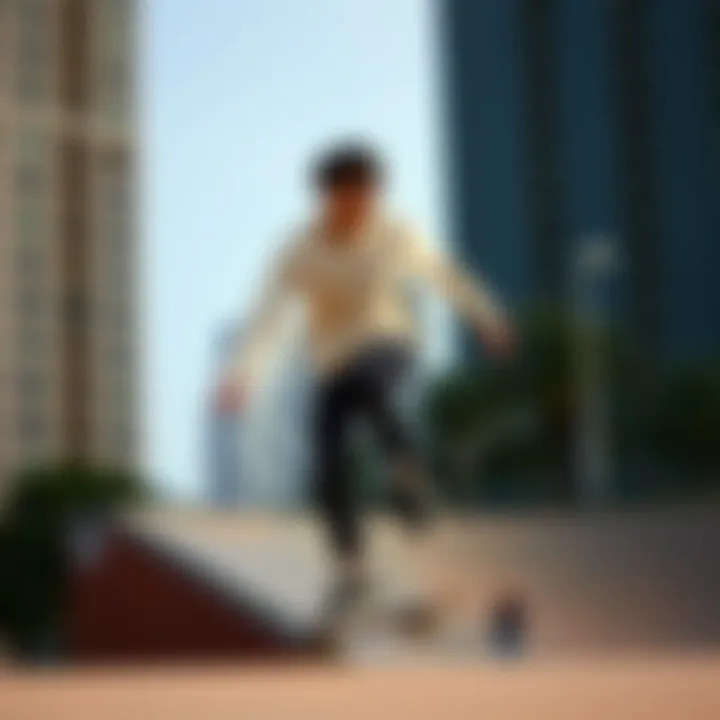 Skateboarder wearing a white sweater vest in an urban skate park setting