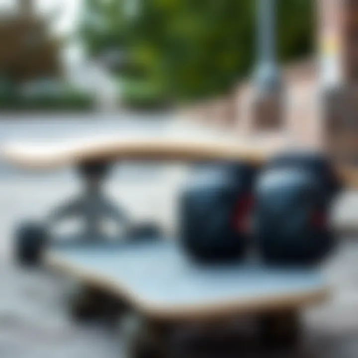 Showcasing Knee and Elbow Pads for Style and Safety Stylish knee and elbow pads displayed beside a skateboard on a pavement