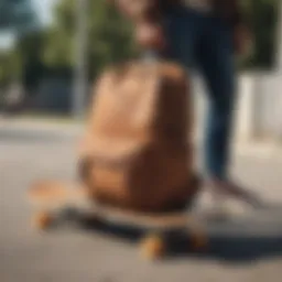 A stylish brown bookbag resting against a skateboard