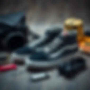 Flat lay of Vans Authentic High Pro alongside skateboarding accessories