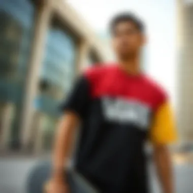 Skateboarder wearing Vans color block shirt in an urban setting