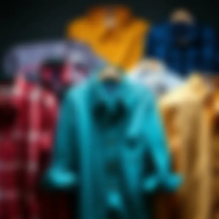 Diversity of Button Down Party Shirts A collection of button down shirts in various patterns and colors, representing fashion diversity.