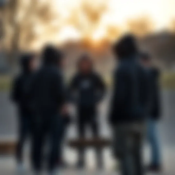 Community Vibes: Black Hoodies at the Skate Park A group of skaters sharing a moment in a skate park, all wearing black hoodies