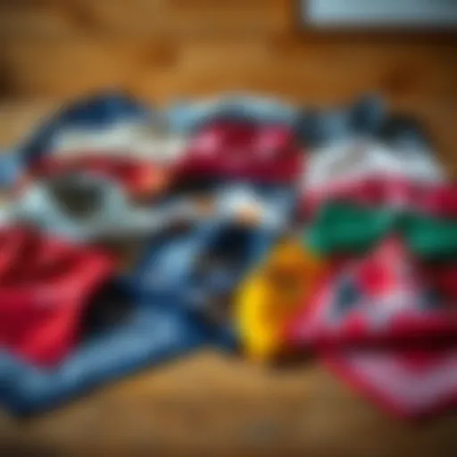 A vibrant collection of bandanas displayed neatly on a wooden surface