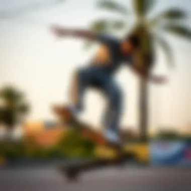 Skate Style: Action Shot in Wide Leg Dickies Skateboarder performing a trick while wearing wide leg Dickies