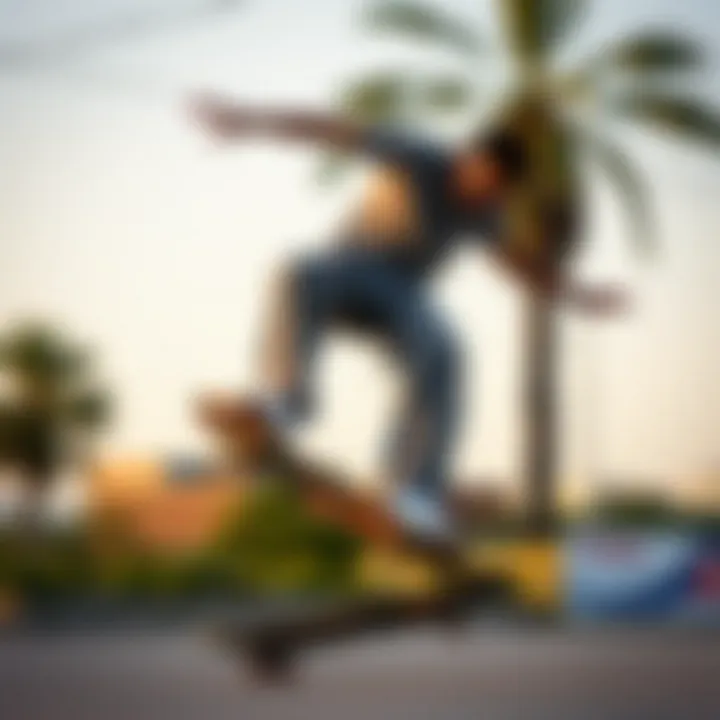 Skate Style: Action Shot in Wide Leg Dickies Skateboarder performing a trick while wearing wide leg Dickies